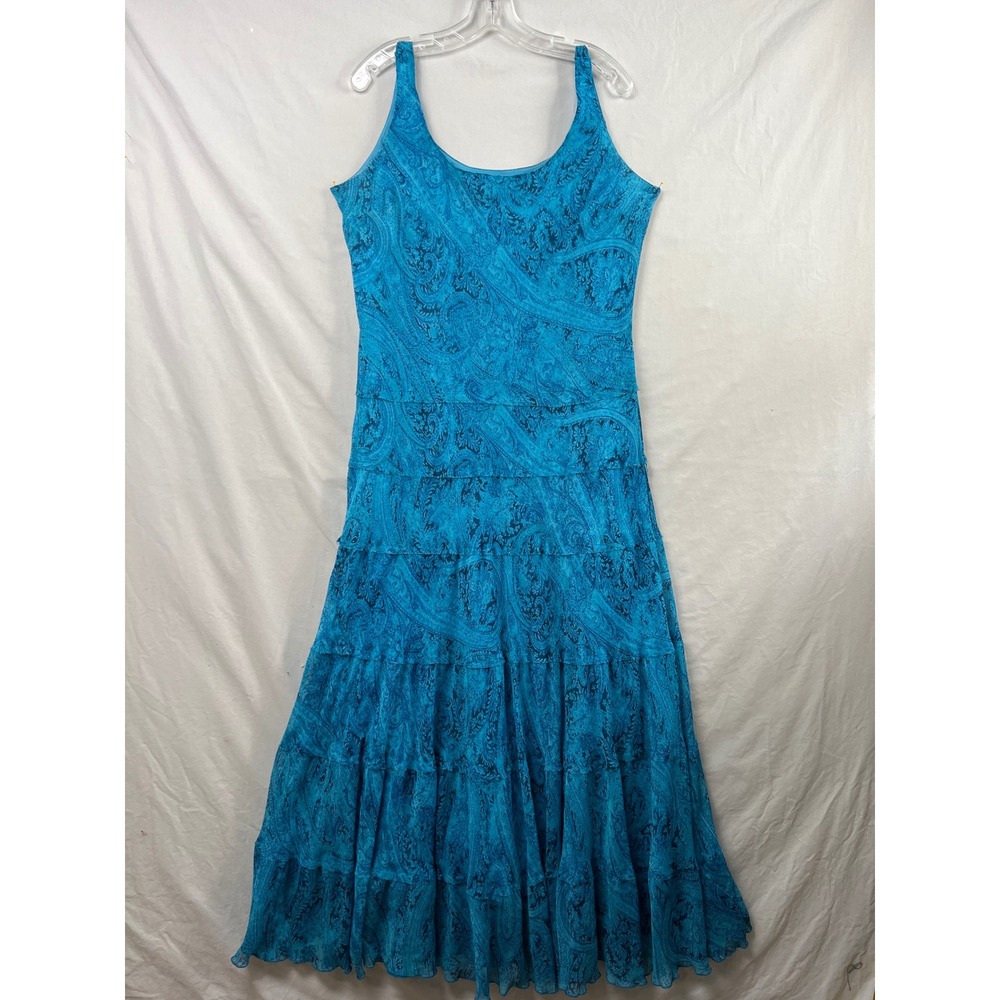 Jones Wear Maxi Dress Womens 16 Turquoise Blue Paisley Tiered Ruffle Sleeveless